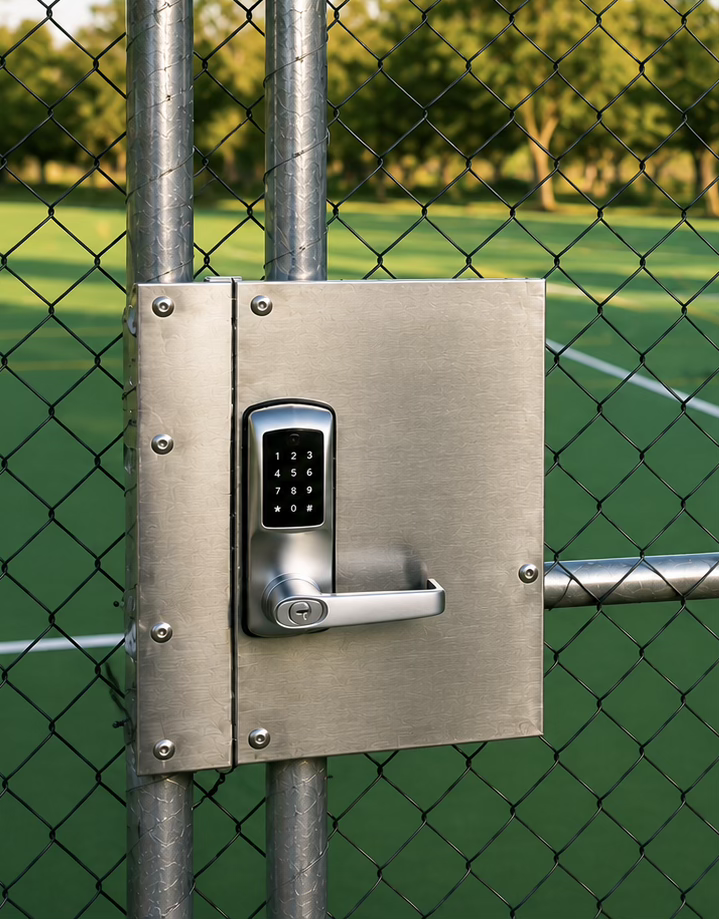 Smart electronic lock on a tennis court gate